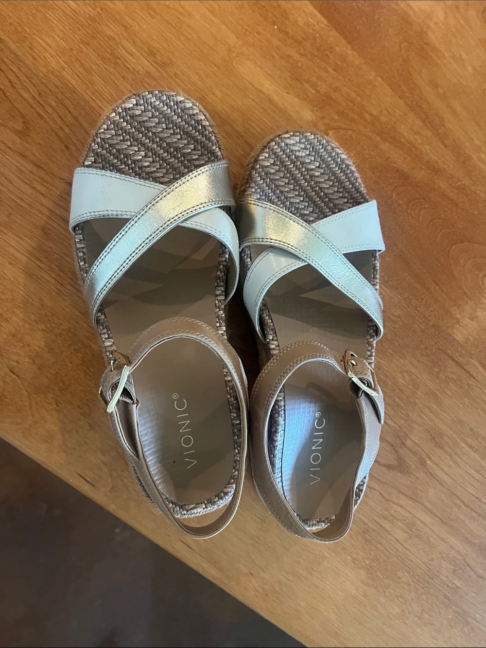 Vionic Women's Silver and Taupe Cross-Strap Wedge Sandals